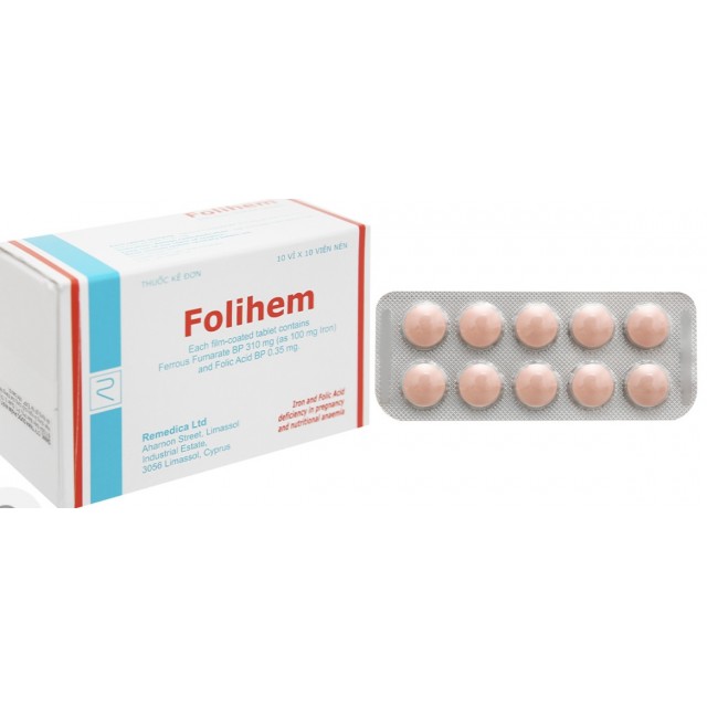 Folihem bổ sung sắt và axit folic, trị thiếu máu H/100 viên
