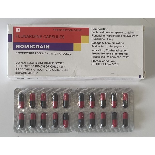 Nomigrain (Flunarizine 5mg) H/100  viên ( trị đau nửa đầu, và choáng váng.